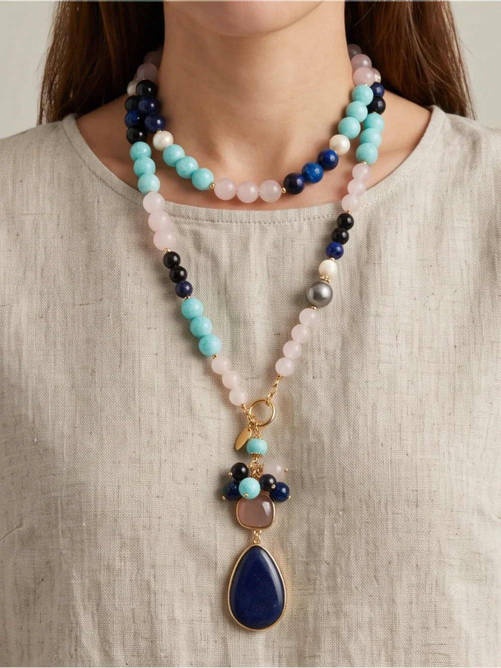 Multicolor Beaded Necklace with Navy Teardrop Pendant